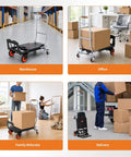 Folding 2-In-1 Hand Truck and Platform Cart for Heavy Duty Loads, 330 Lbs Capacity, Convertible Dolly with 360 Degree Brake Wheels, Lightweight Rustproof Aluminum Steel Frame used with boxes in warehouse and office