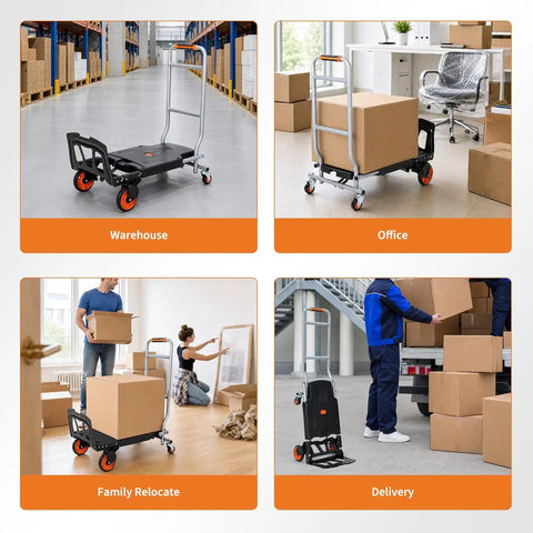 Folding 2-In-1 Hand Truck and Platform Cart for Heavy Duty Loads, 330 Lbs Capacity, Convertible Dolly with 360 Degree Brake Wheels, Lightweight Rustproof Aluminum Steel Frame used with boxes in warehouse and office