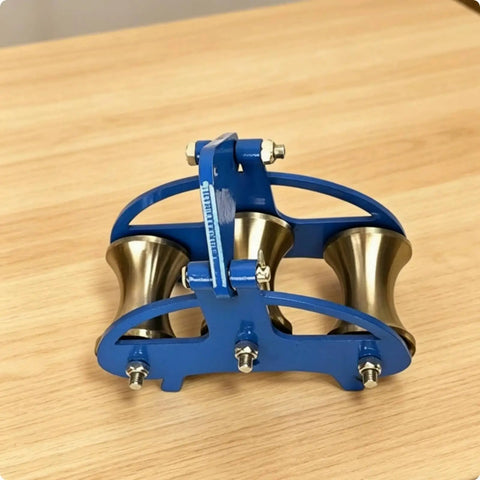 Heavy Duty Cable Pulley Roller Guide Block With Thick Plate Frame And Smooth Steel For Utility Crews Worksite Ready Rugged Design Three Wheel Nylon Wheels 160mm By 140mm, blue three-wheel pulley guide
