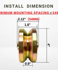 Side view of 4-inch V Groove Gate Wheel Set 54 mm Wide Heavy Duty Steel Wheels with Double Bearings and dimensions.