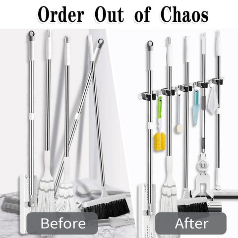 Mop And Broom Wall Mount Organizer With Five Racks And Four Hooks Stainless Steel Heavy Duty Boss Grade Tool Hanger Kit comparison