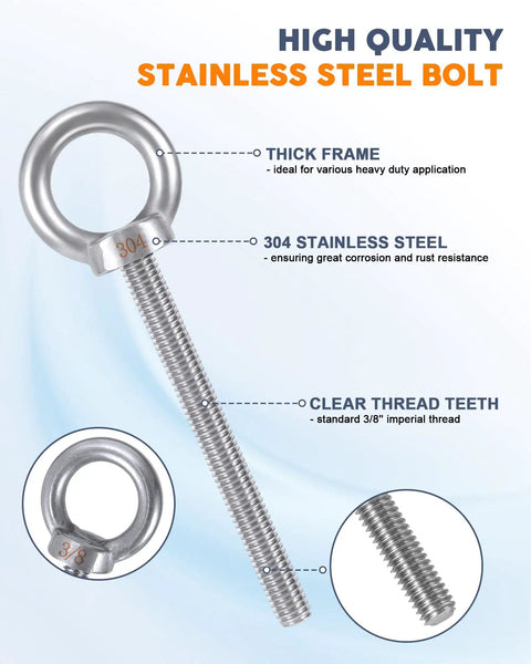 Workhorse Stainless Steel Eye Bolts 3/8-16 Threaded 4 Inch Shank, 5.6 Inch Total Length, 1 Inch Ring Eye, 200 Lbs WLL, Imperial, 4 Pack Includes Bonus Drill Bit