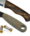 Close-up of 30 Piece Knife Handle Screws Set With Gold Hex Flat Head Fasteners for Knife Making showing installed and loose fasteners.