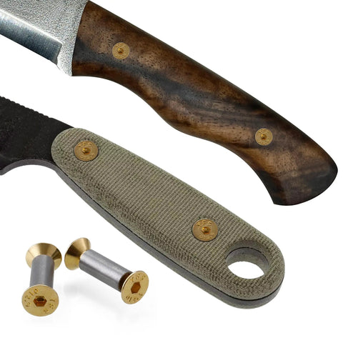 Close-up of 30 Piece Knife Handle Screws Set With Gold Hex Flat Head Fasteners for Knife Making showing installed and loose fasteners.