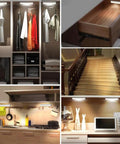 Stick On Portable Wireless LED Night Light With 10 LEDs, Magnetic Tap Light shown in closets, drawers, and under cabinets