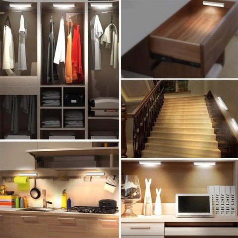 Stick On Portable Wireless LED Night Light With 10 LEDs, Magnetic Tap Light shown in closets, drawers, and under cabinets