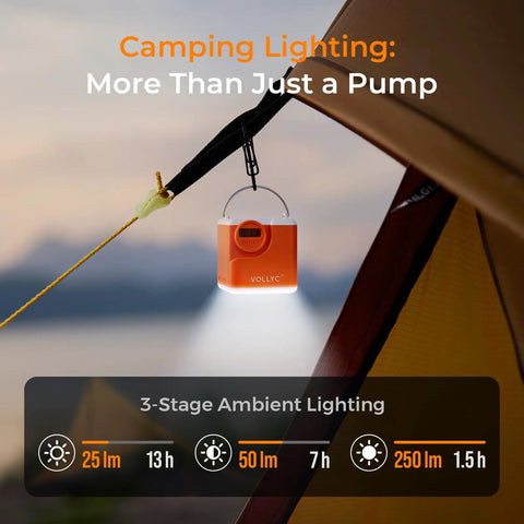 Ultra Portable Mini Air Pump For Inflatables With 2400mAh Battery hanging inside a tent, showing camping light feature