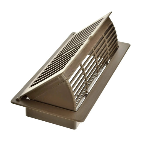 Pop Up Floor Register 4x10 Inch Tan Heavy Duty Plastic Vent With Air Deflector Rust Proof And Scratch Resistant Use As Standard Register When Closed Or Air Deflector When Open Ceiling Knockouts, side angle view