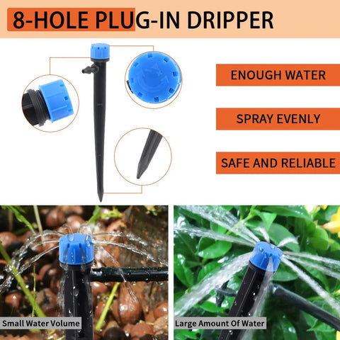 8-hole plug-in dripper from 240Pcs Barbed Connectors Drip Irrigation Fittings Kit with water flow examples