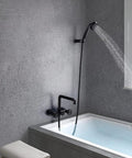 Modern Industrial Pipe Wall Mounted Bathtub Filler Faucet With Hand Shower Three Handle Tub Faucet Swivel Spout Kit in matte black