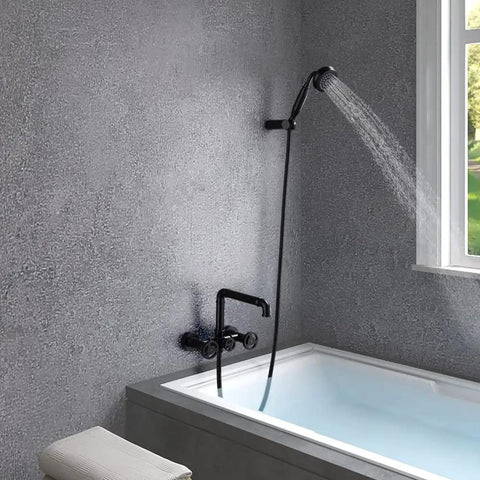 Modern Industrial Pipe Wall Mounted Bathtub Filler Faucet With Hand Shower Three Handle Tub Faucet Swivel Spout Kit in matte black