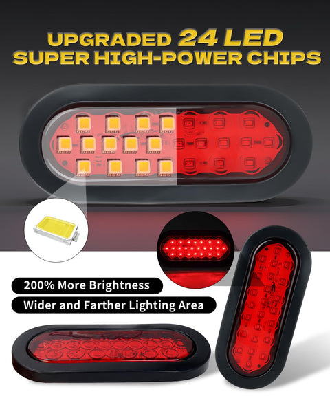 6 Inch Red Oval LED Trailer Tail Lights 24 LED Chips Waterproof Sealed Stop Turn Tail Light with grommets and wires