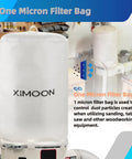 Heavy Duty Dust Collector Bag 19 And 5 Eighths Inch Replacement 1 Micron Filter Fits 18 To 20 Inch Systems Plug And Play Easy Install For Most Popular Dust Collectors At Home Workshop displayed in a workshop setting.