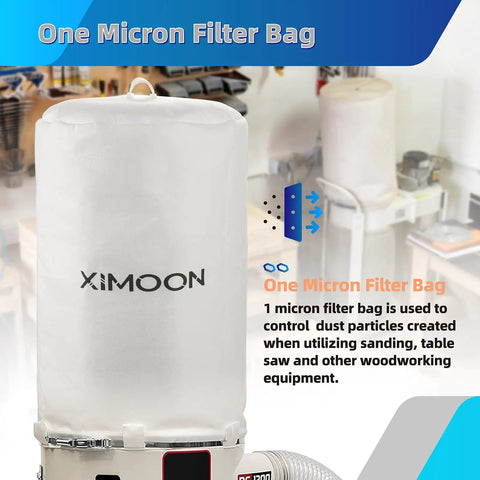 Heavy Duty Dust Collector Bag 19 And 5 Eighths Inch Replacement 1 Micron Filter Fits 18 To 20 Inch Systems Plug And Play Easy Install For Most Popular Dust Collectors At Home Workshop displayed in a workshop setting.