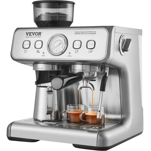 Solid Semi Automatic Espresso Machine With Built In Grinder And Large Hopper pulls crisp shots into double espresso cups.