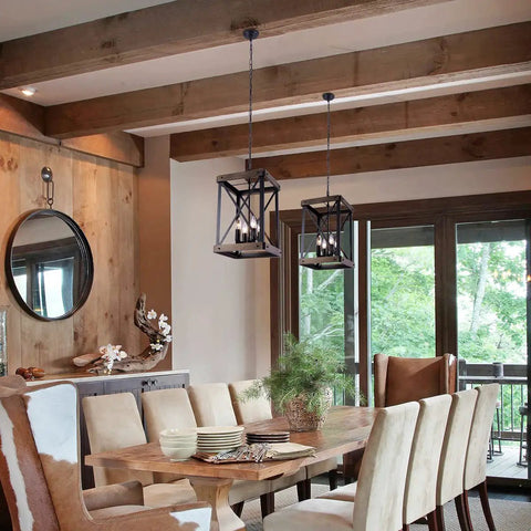 Dining room with Four Light Wood Grain Black Cage Pendant Lamp For Kitchen Island And Dining Room hanging over wooden table