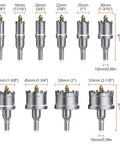 Heavy Duty Tungsten Carbide Hole Saw Drill Bit Set, 10 Pcs displayed with varying sizes from 16mm to 53mm on white background