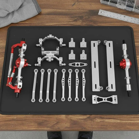 Must-Have 1/16 RC Crawler Axle Links Set To Beef Up Your Rig Damping System Build with red and silver linkage parts displayed.