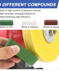 Close-up of 6 Inch Buffing Polishing Wheel Kit With Half Inch Arbor For Bench Grinder Pro Grade Fine 40 Ply And Medium 30 Ply Wheels Plus 3.4 Oz Polishing Compound Set showing different compounds.