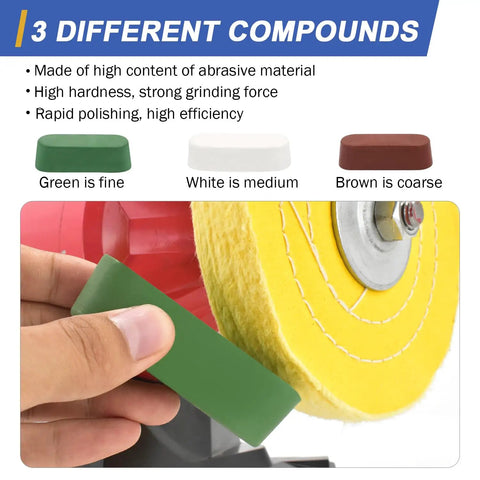 Close-up of 6 Inch Buffing Polishing Wheel Kit With Half Inch Arbor For Bench Grinder Pro Grade Fine 40 Ply And Medium 30 Ply Wheels Plus 3.4 Oz Polishing Compound Set showing different compounds.