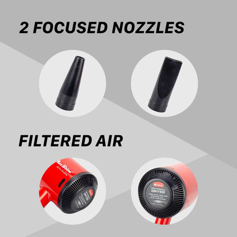 Portable Car Dryer Air Blower With Two Nozzles For Fast Touchless Drying And Cleaning, showing two nozzles and air filter