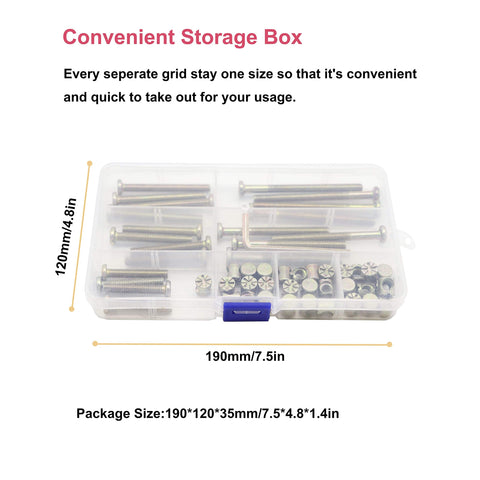 Crib Hardware Replacement Kit with hex socket bolts and barrel nuts in a clear plastic storage box