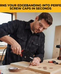 Man using Custom Color Punch Kit Basic With Powerhead Screws, Hole Punch Tool for edge banding in a workshop.