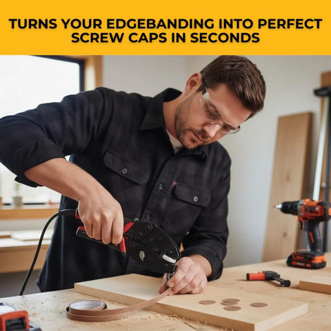 Man using Custom Color Punch Kit Basic With Powerhead Screws, Hole Punch Tool for edge banding in a workshop.