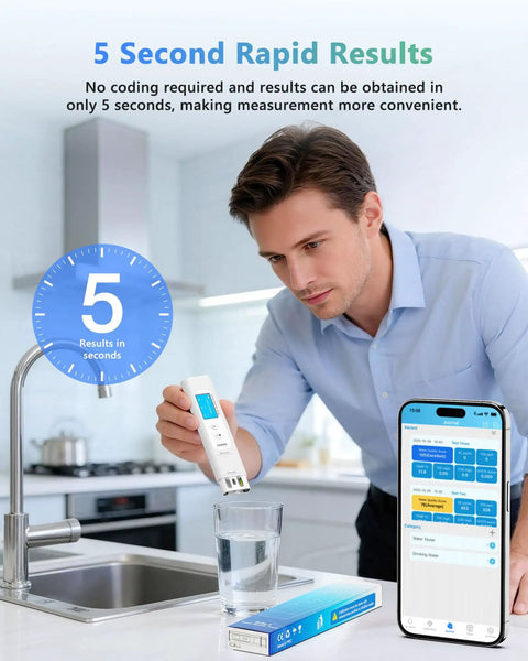 Six In One Smart Water Tester For Drinking Water With App Monitoring Digital Water Testing Kit in kitchen setting