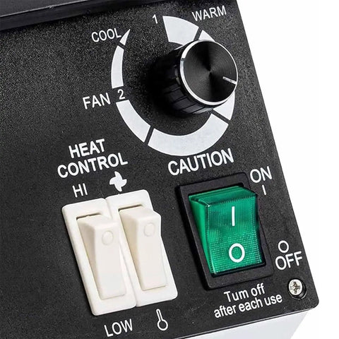 Close-up of the control panel for Heavy Duty 1500W Eyeglasses Frame Heater, featuring temperature settings and switches.