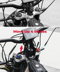 Raised Four Inch Direct Mount Riser Stem installed on electric dirt bike handlebars, 31.8mm CNC aluminum bar clamp visible.