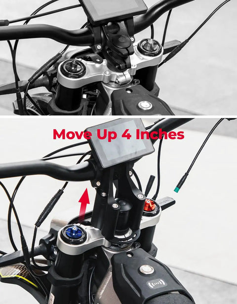 Raised Four Inch Direct Mount Riser Stem installed on electric dirt bike handlebars, 31.8mm CNC aluminum bar clamp visible.