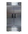 Premium Commercial Double Door Refrigerator 27 Point 6 Cubic Feet Capacity Built Tough For Heavy Workloads Stainless Steel Exterior front view.