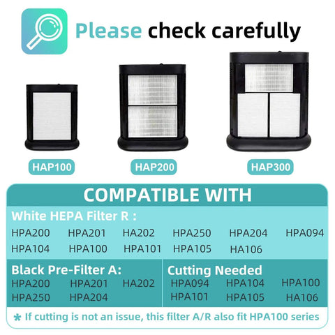 Filter compatibility chart for HPA200 series air purifiers showing sizes HAP100, HAP200, HAP300 with model compatibility details.