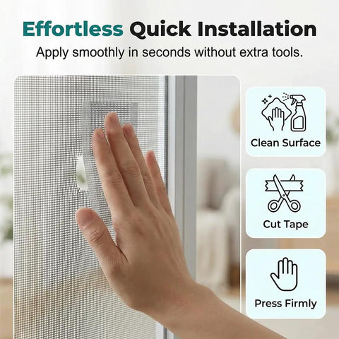 Hand applying Heavy Duty Window and Door Screen Repair Patch Kit with Self Adhesive Fiberglass Mesh to a torn screen