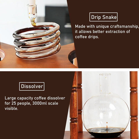 Retro Wood And Glass Cold Brew Coffee Tower features a drip snake and dissolver for smooth iced coffee extraction.
