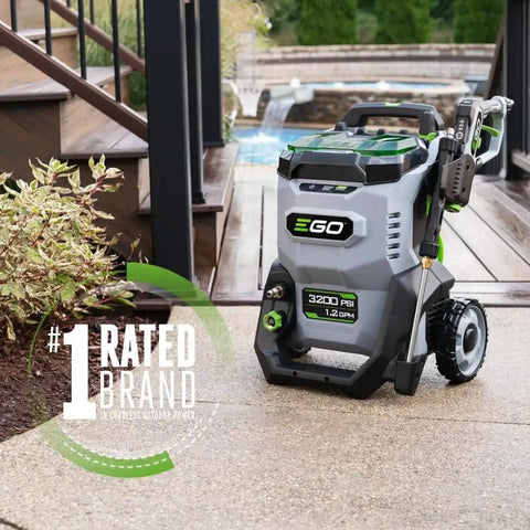 Front view of Dual 56V Battery Electric Pressure Washer With 3200 Psi Turbo Power And 2.0 Gpm Beast Mode, shown on patio