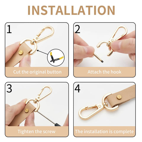 Step-by-step installation guide for Top Shelf 4Pcs Detachable Swivel Snap Hooks And Screw Bar Swap Bag Straps.