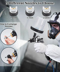 Premium HVLP Air Spray Gun Kit With Three Precision Nozzles And Ten Disposable Cups demonstrating nozzle interchangeability.