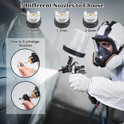 Premium HVLP Air Spray Gun Kit With Three Precision Nozzles And Ten Disposable Cups demonstrating nozzle interchangeability.
