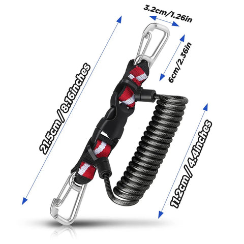 Dope Retractable Lanyard For Underwater Gear With 316 Stainless Steel Double Clips And Spiral Core Anti Lost Lanyard dimensions shown
