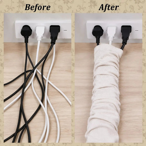 Before and after image of Premium White Fabric Chandelier Cord Covers That Tuck Away Messy Wiring for a clean look.