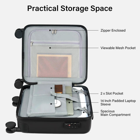 Open 16 Inch Underseat Carry On Luggage With Wheels Hard Shell Mini Suitcase showing storage compartments, mesh pocket, and laptop sleeve