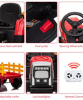 Interior and features of the 12V Kids Ride On Tractor With Trailer And Remote Control, 5 MPH Speed, red electric tractor for toddlers.