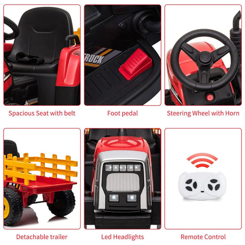 Interior and features of the 12V Kids Ride On Tractor With Trailer And Remote Control, 5 MPH Speed, red electric tractor for toddlers.