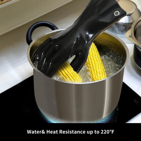 Heat Resistant BBQ Gloves For Grilling And Cooking Up To 220F in use holding corn in boiling pot