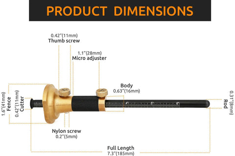 Side view of Pro Grade 7 Inch Brass Wheel Marking Gauge Kit With Anti Roll Fence, Micro Adjuster, Metric and Imperial Ruler dimensions
