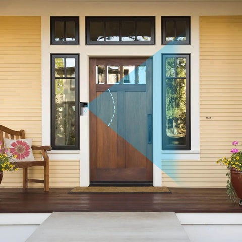 Front view showing Adjustable 30 To 55 Degree Video Doorbell Mount For Most Doorbell Cameras Wedge Kit Bracket For Home Security No Fuss Install Easy Tilt Multi Angle Mount To Improve Motion Detection At The Front Door installed beside a wooden front door, enhancing camera view angle.