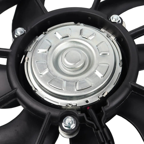 Close-up of the Top Tier Engine Radiator Cooling Fan Slick Replacement For Vw Jetta Passat Golf Tiguan And Audi motor.