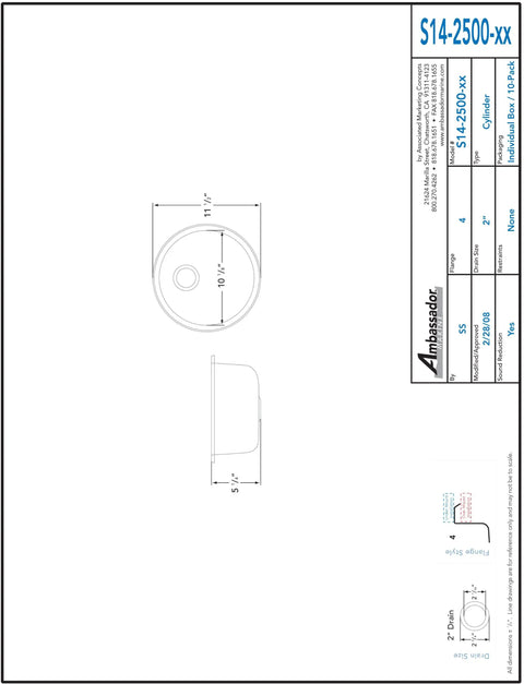 Technical drawing of Marine Cylinder Stainless Steel Sink With Brushed Finish, 11.5 Inch Wide, 5.25 Inch Deep, Top Or Under Mount Option